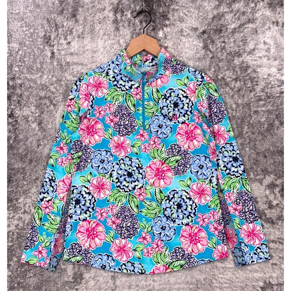 Ibkul Sun Shirt Small Womens Blue Floral UPF 50 Vented 1/4 Zip Top - Picture 1 of 8